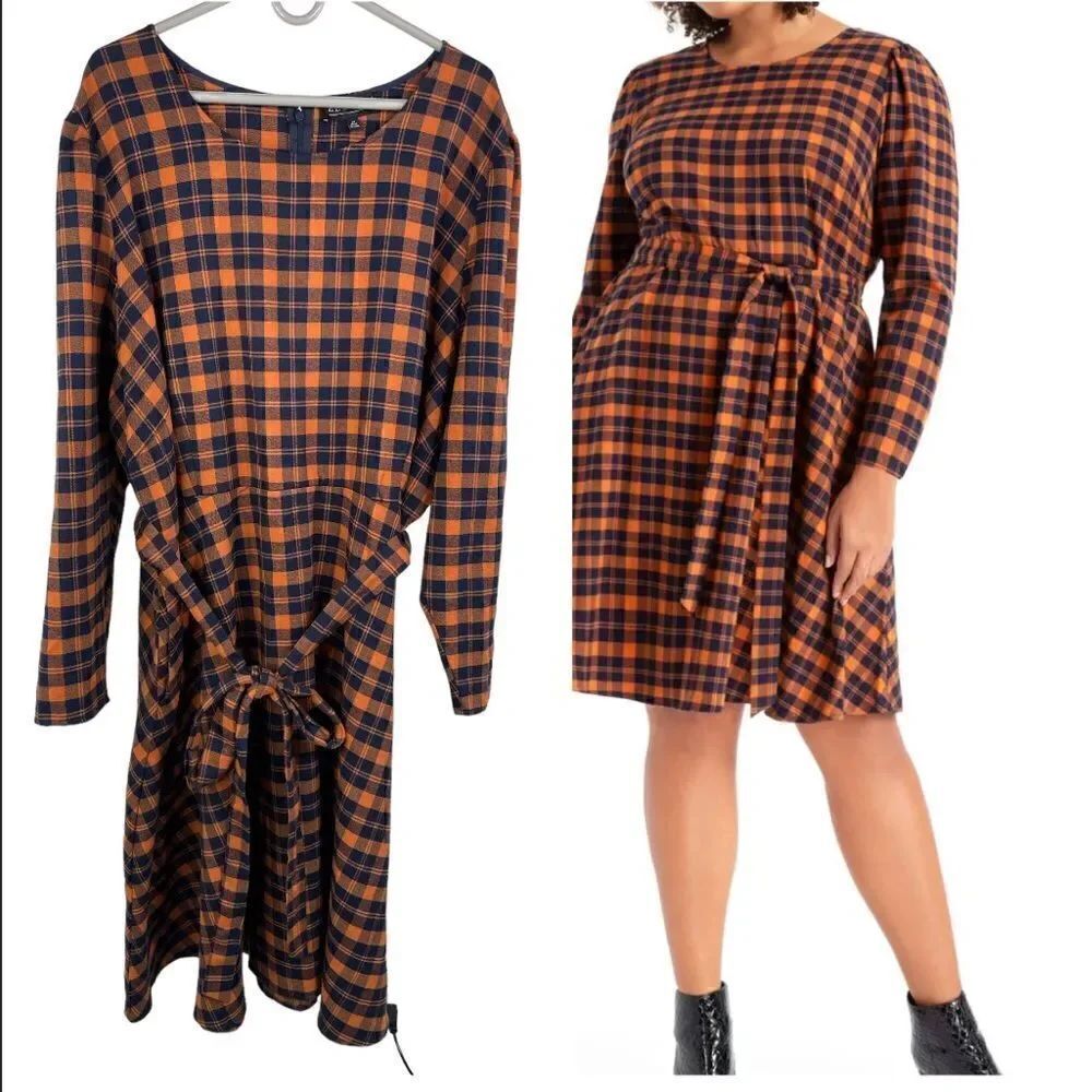 ELOQUII Plaid Long Sleeve Fit & Flare Dress size 28 plus size